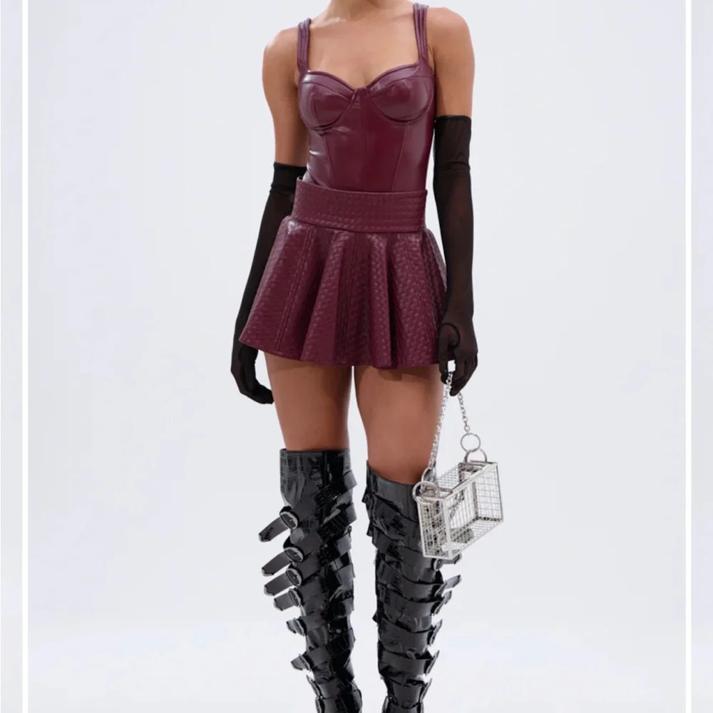 AKIRA Textured Burgundy Skater Skirt - Picture 2 of 4